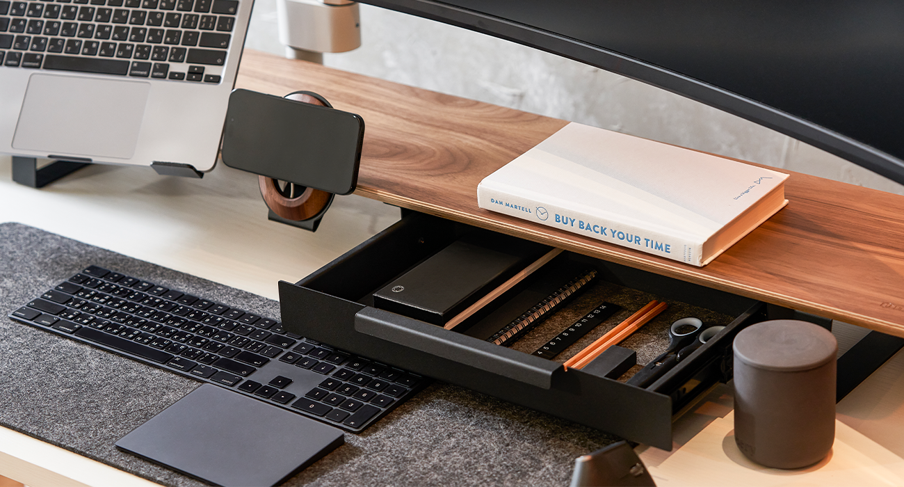 ULTRARM monitor arm and Moodular wooden monitor stand — modular, ergonomic, and designed for VISION ultrawide monitors. Enhances comfort, saves space, and elevates your workspace with precision craftsmanship.