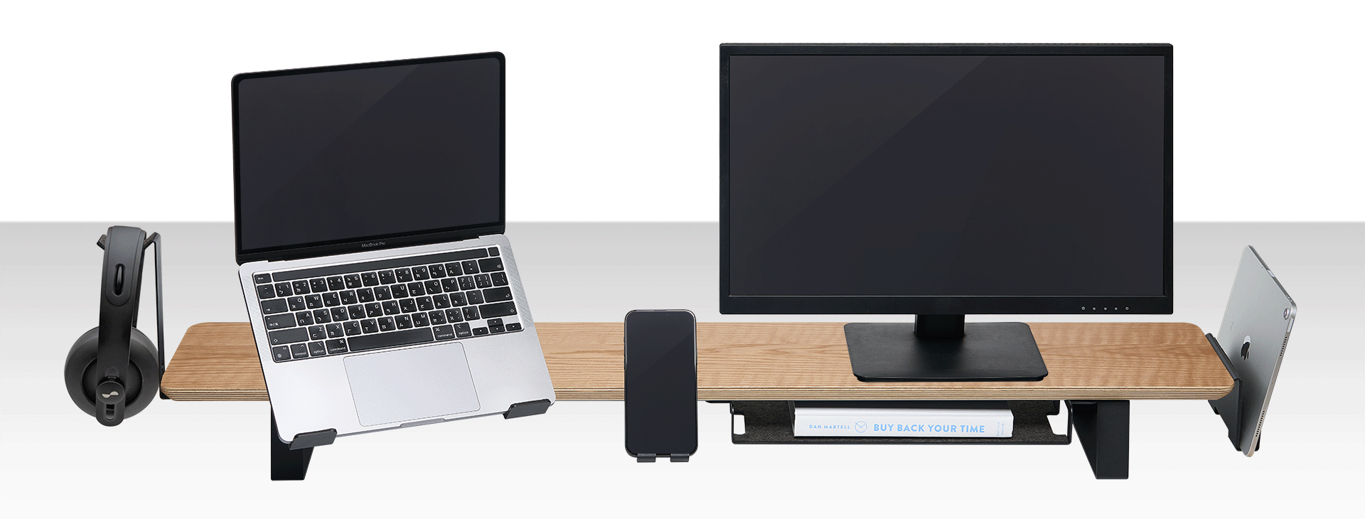 ULTRARM monitor arm and Moodular wooden monitor stand — modular, ergonomic, and designed for VISION ultrawide monitors. Enhances comfort, saves space, and elevates your workspace with precision craftsmanship.