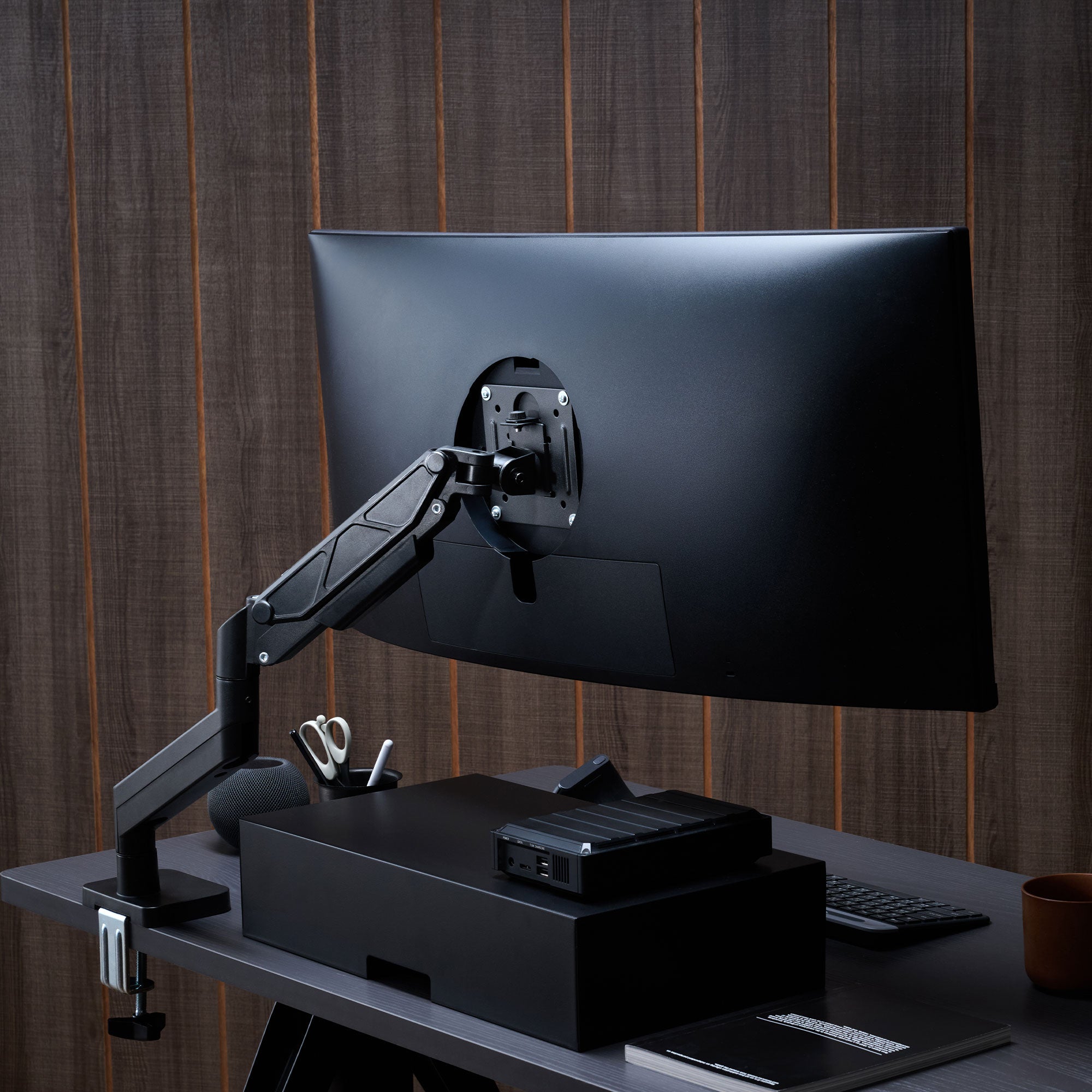 ULTRARM monitor arm and Moodular wooden monitor stand — modular, ergonomic, and designed for VISION ultrawide monitors. Enhances comfort, saves space, and elevates your workspace with precision craftsmanship.