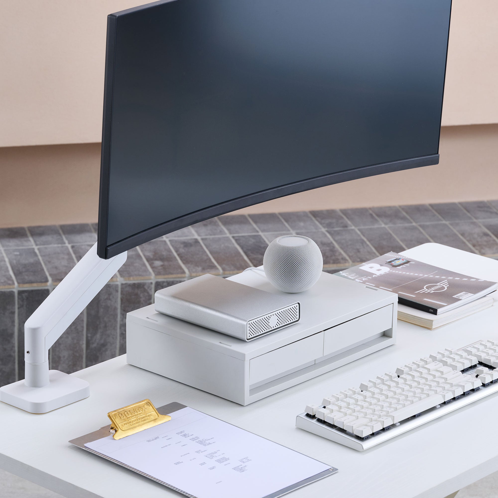 ULTRARM monitor arm and Moodular wooden monitor stand — modular, ergonomic, and designed for VISION ultrawide monitors. Enhances comfort, saves space, and elevates your workspace with precision craftsmanship.