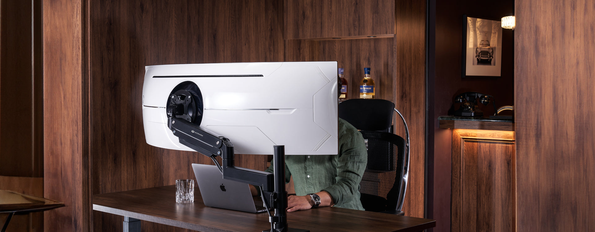 ULTRARM monitor arm and Moodular wooden monitor stand — modular, ergonomic, and designed for VISION ultrawide monitors. Enhances comfort, saves space, and elevates your workspace with precision craftsmanship.