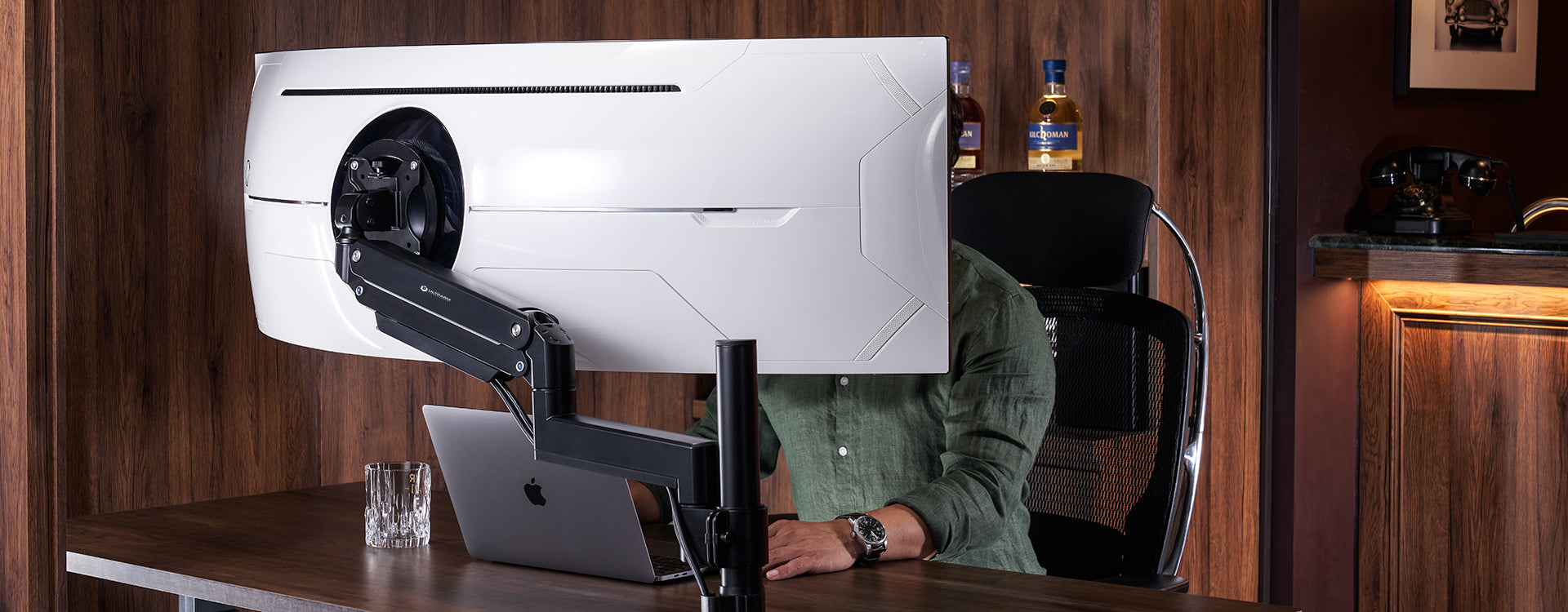 ULTRARM monitor arm and Moodular wooden monitor stand — modular, ergonomic, and designed for VISION ultrawide monitors. Enhances comfort, saves space, and elevates your workspace with precision craftsmanship.