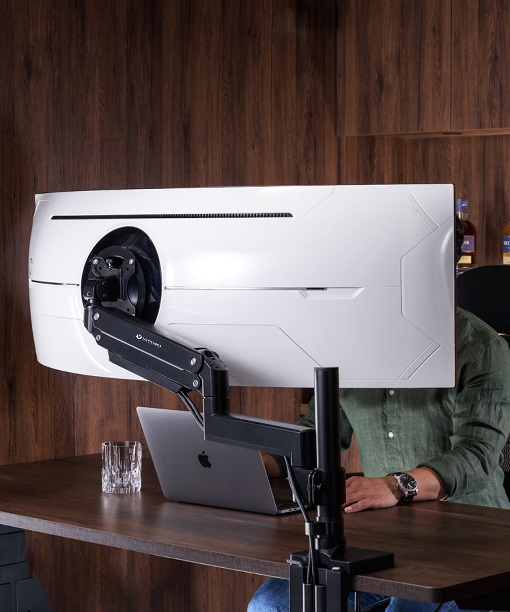 ULTRARM monitor arm and Moodular wooden monitor stand — modular, ergonomic, and designed for VISION ultrawide monitors. Enhances comfort, saves space, and elevates your workspace with precision craftsmanship.