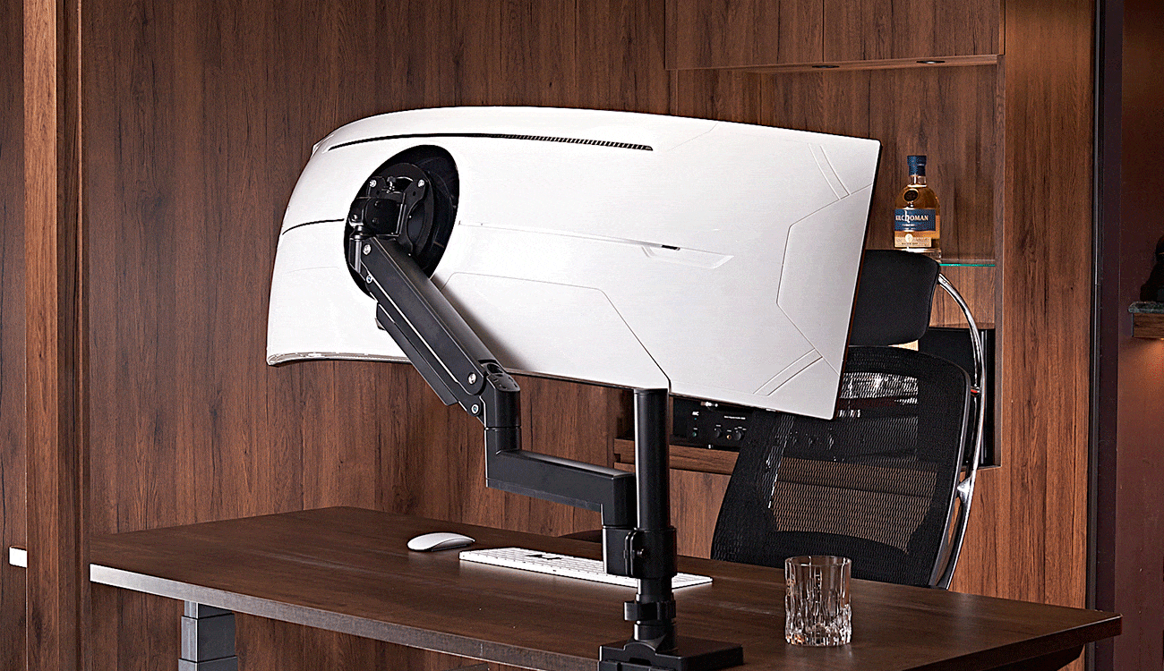 ULTRARM monitor arm and Moodular wooden monitor stand — modular, ergonomic, and designed for VISION ultrawide monitors. Enhances comfort, saves space, and elevates your workspace with precision craftsmanship.