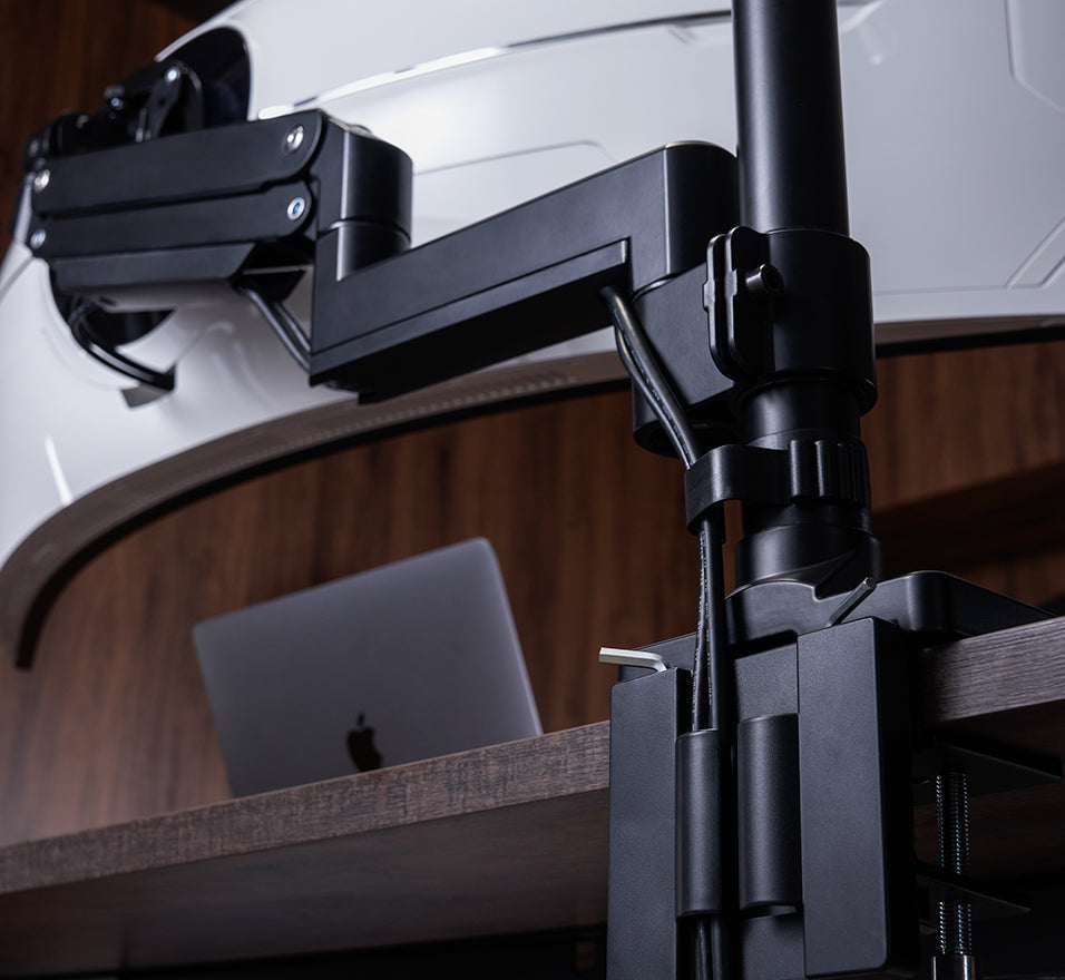 ULTRARM monitor arm and Moodular wooden monitor stand — modular, ergonomic, and designed for VISION ultrawide monitors. Enhances comfort, saves space, and elevates your workspace with precision craftsmanship.