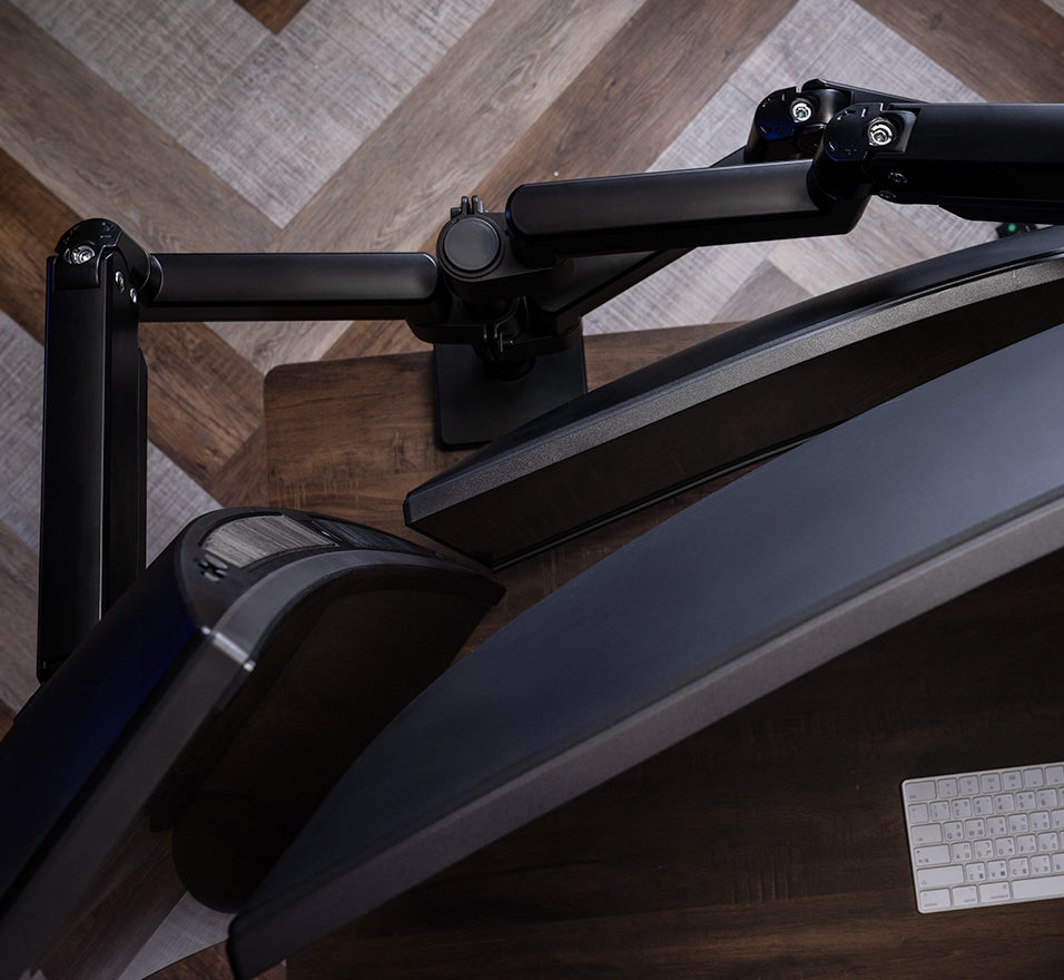 ULTRARM monitor arm and Moodular wooden monitor stand — modular, ergonomic, and designed for VISION ultrawide monitors. Enhances comfort, saves space, and elevates your workspace with precision craftsmanship.