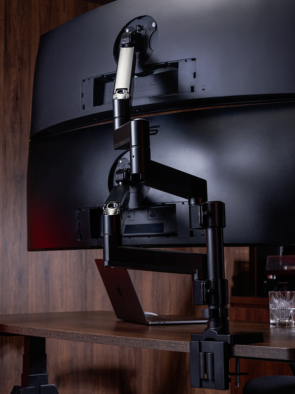 ULTRARM monitor arm and Moodular wooden monitor stand — modular, ergonomic, and designed for VISION ultrawide monitors. Enhances comfort, saves space, and elevates your workspace with precision craftsmanship.