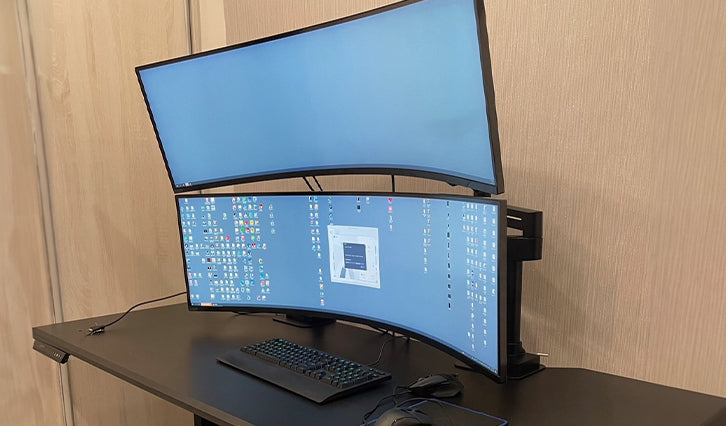 ULTRARM monitor arm and Moodular wooden monitor stand — modular, ergonomic, and designed for VISION ultrawide monitors. Enhances comfort, saves space, and elevates your workspace with precision craftsmanship.