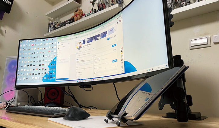 ULTRARM monitor arm and Moodular wooden monitor stand — modular, ergonomic, and designed for VISION ultrawide monitors. Enhances comfort, saves space, and elevates your workspace with precision craftsmanship.