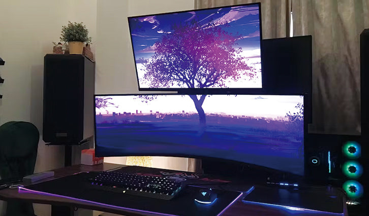 ULTRARM monitor arm and Moodular wooden monitor stand — modular, ergonomic, and designed for VISION ultrawide monitors. Enhances comfort, saves space, and elevates your workspace with precision craftsmanship.