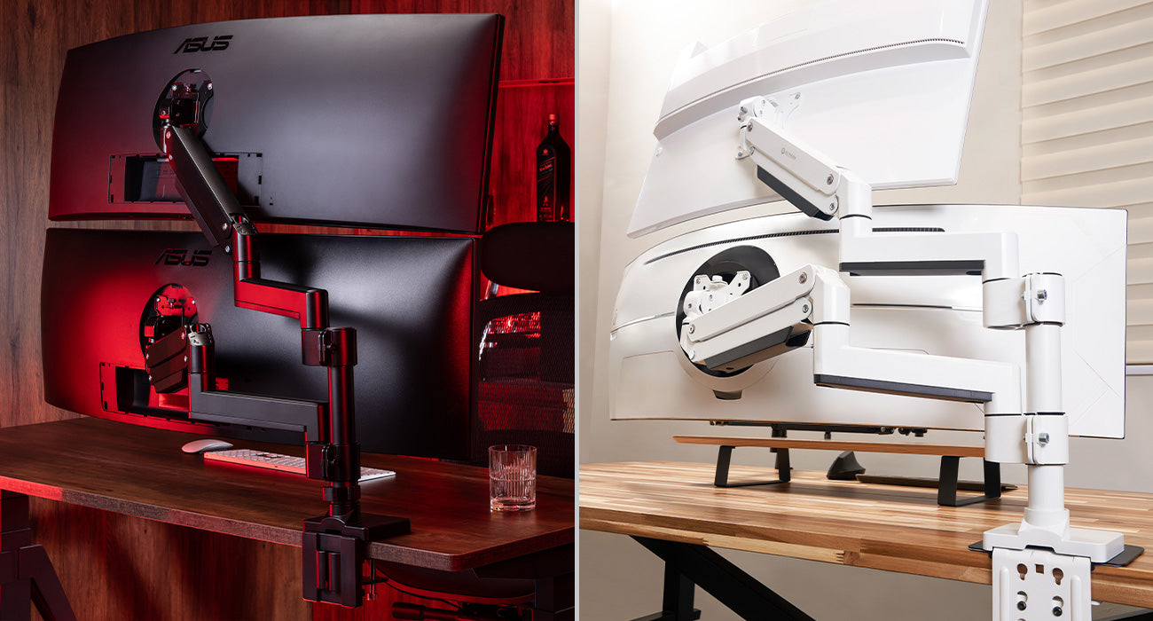 ULTRARM monitor arm and Moodular wooden monitor stand — modular, ergonomic, and designed for VISION ultrawide monitors. Enhances comfort, saves space, and elevates your workspace with precision craftsmanship.