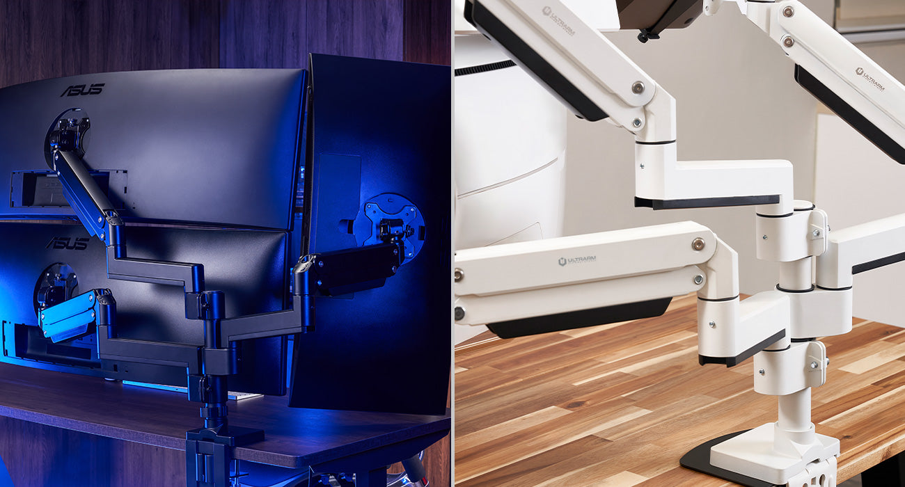 ULTRARM monitor arm and Moodular wooden monitor stand — modular, ergonomic, and designed for VISION ultrawide monitors. Enhances comfort, saves space, and elevates your workspace with precision craftsmanship.