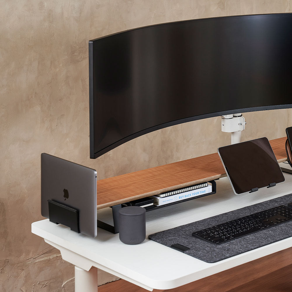 ULTRARM monitor arm and Moodular wooden monitor stand — modular, ergonomic, and designed for VISION ultrawide monitors. Enhances comfort, saves space, and elevates your workspace with precision craftsmanship.