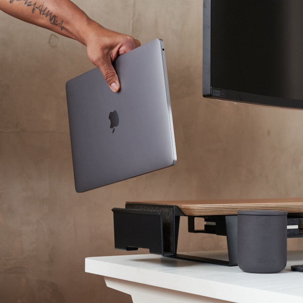 ULTRARM monitor arm and Moodular wooden monitor stand — modular, ergonomic, and designed for VISION ultrawide monitors. Enhances comfort, saves space, and elevates your workspace with precision craftsmanship.