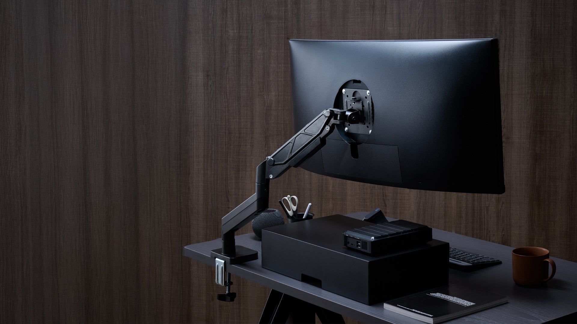 ULTRARM monitor arm and Moodular wooden monitor stand — modular, ergonomic, and designed for VISION ultrawide monitors. Enhances comfort, saves space, and elevates your workspace with precision craftsmanship.