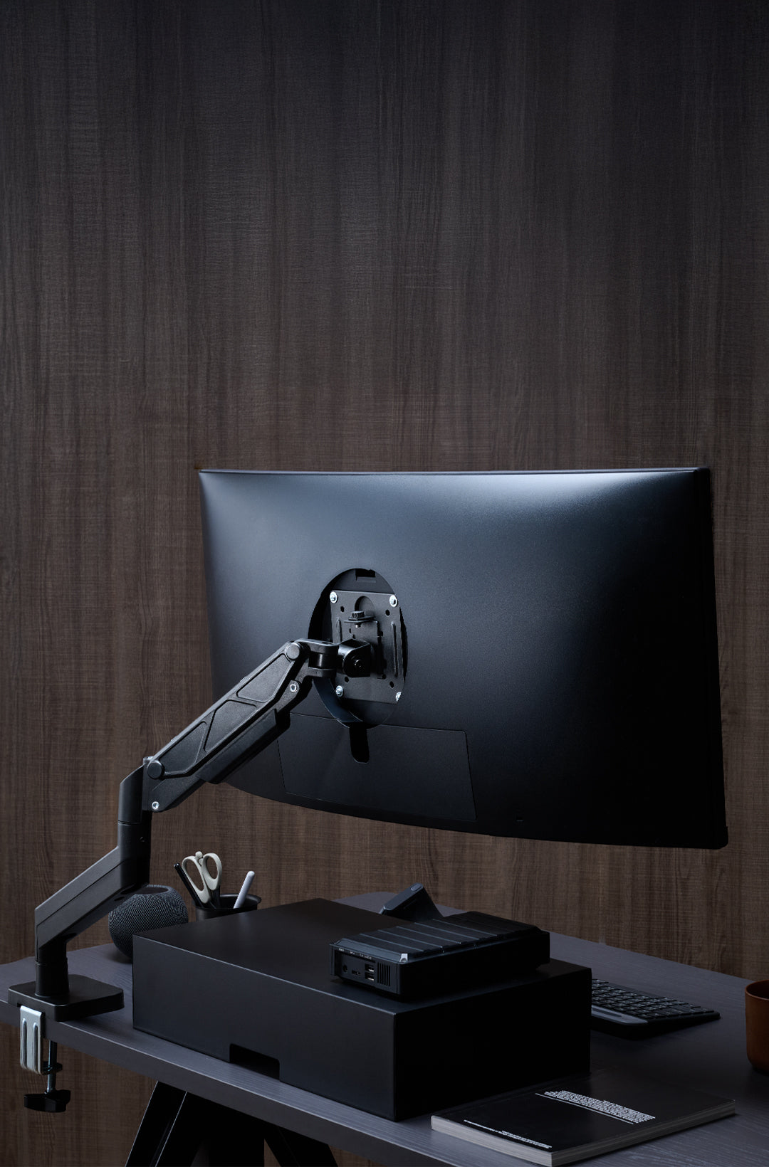 ULTRARM monitor arm and Moodular wooden monitor stand — modular, ergonomic, and designed for VISION ultrawide monitors. Enhances comfort, saves space, and elevates your workspace with precision craftsmanship.