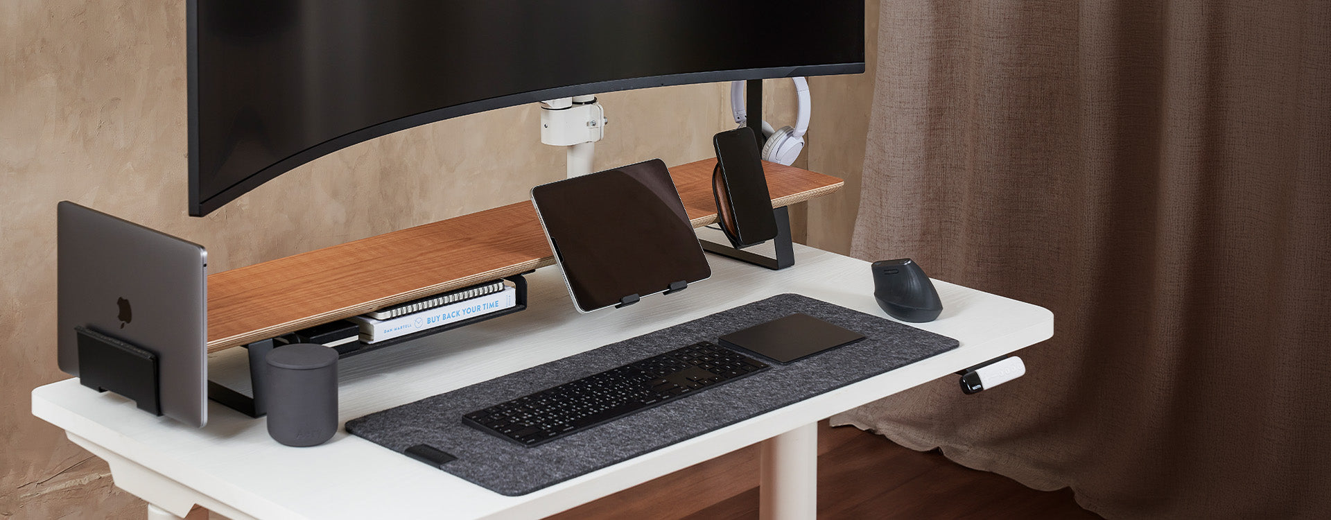 ULTRARM monitor arm and Moodular wooden monitor stand — modular, ergonomic, and designed for VISION ultrawide monitors. Enhances comfort, saves space, and elevates your workspace with precision craftsmanship.