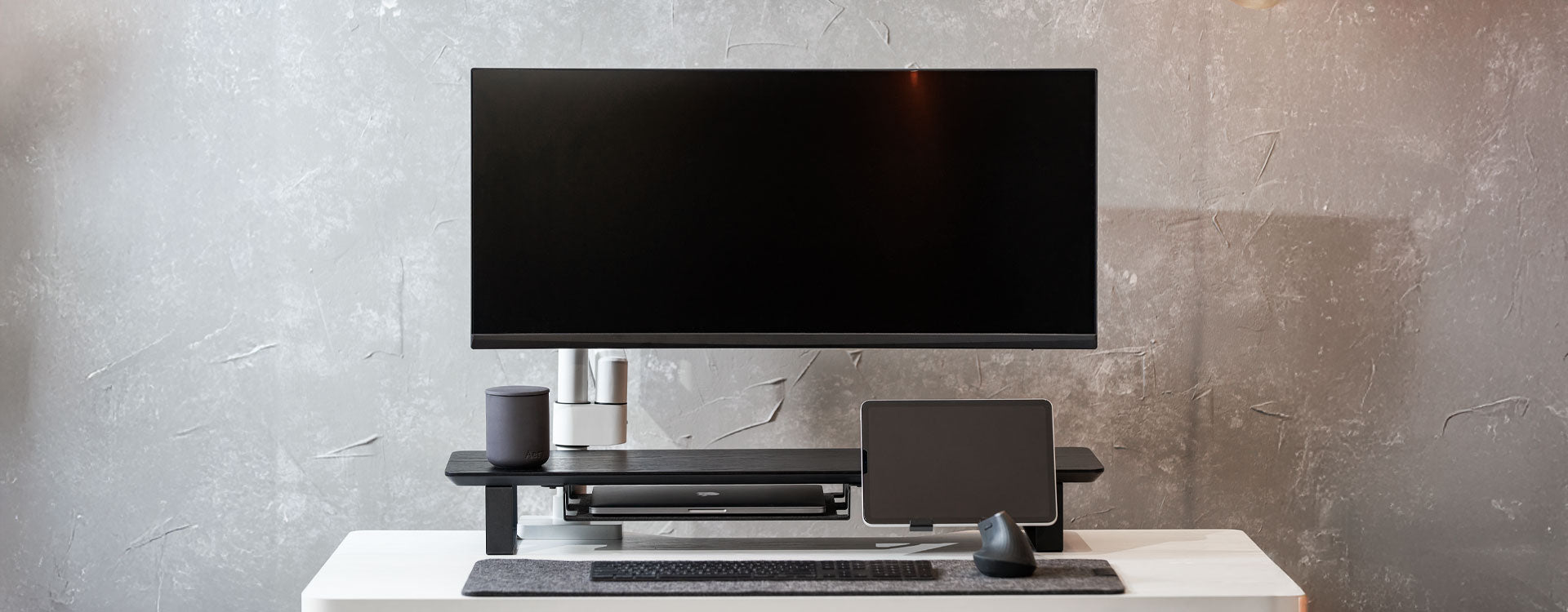 ULTRARM monitor arm and Moodular wooden monitor stand — modular, ergonomic, and designed for VISION ultrawide monitors. Enhances comfort, saves space, and elevates your workspace with precision craftsmanship.