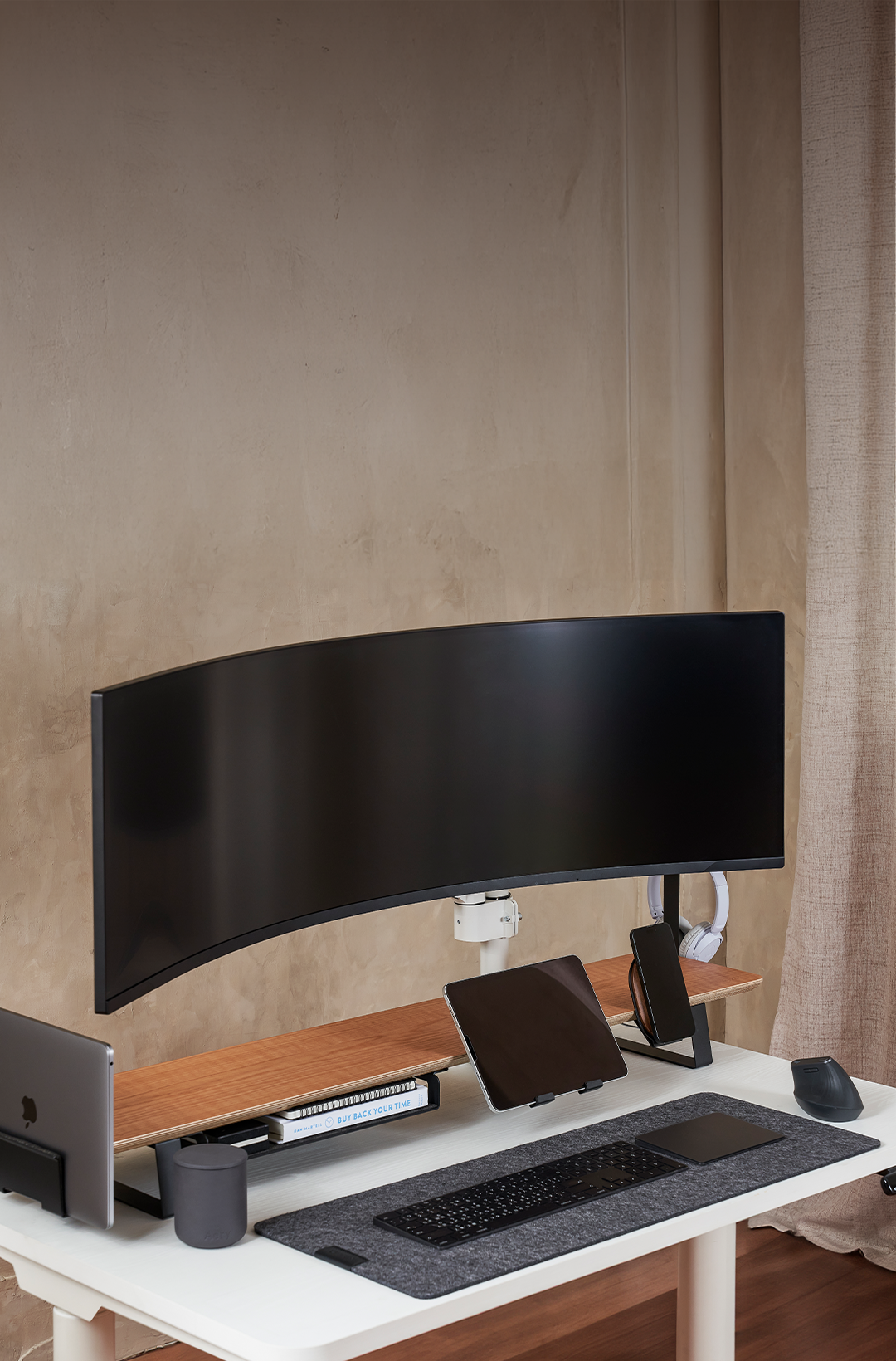 ULTRARM monitor arm and Moodular wooden monitor stand — modular, ergonomic, and designed for VISION ultrawide monitors. Enhances comfort, saves space, and elevates your workspace with precision craftsmanship.