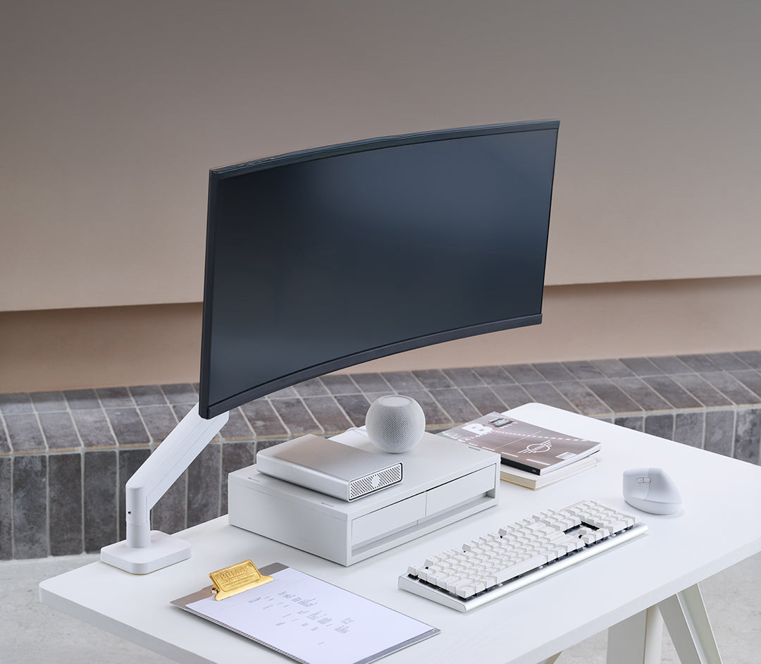 ULTRARM monitor arm and Moodular wooden monitor stand — modular, ergonomic, and designed for VISION ultrawide monitors. Enhances comfort, saves space, and elevates your workspace with precision craftsmanship.